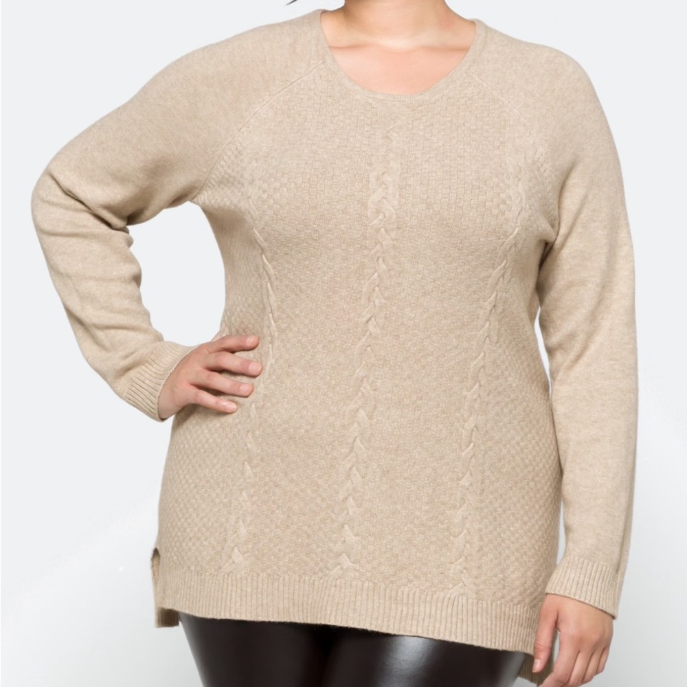 Cozy Cable-Front Scoop-Neck Sweater in Beige